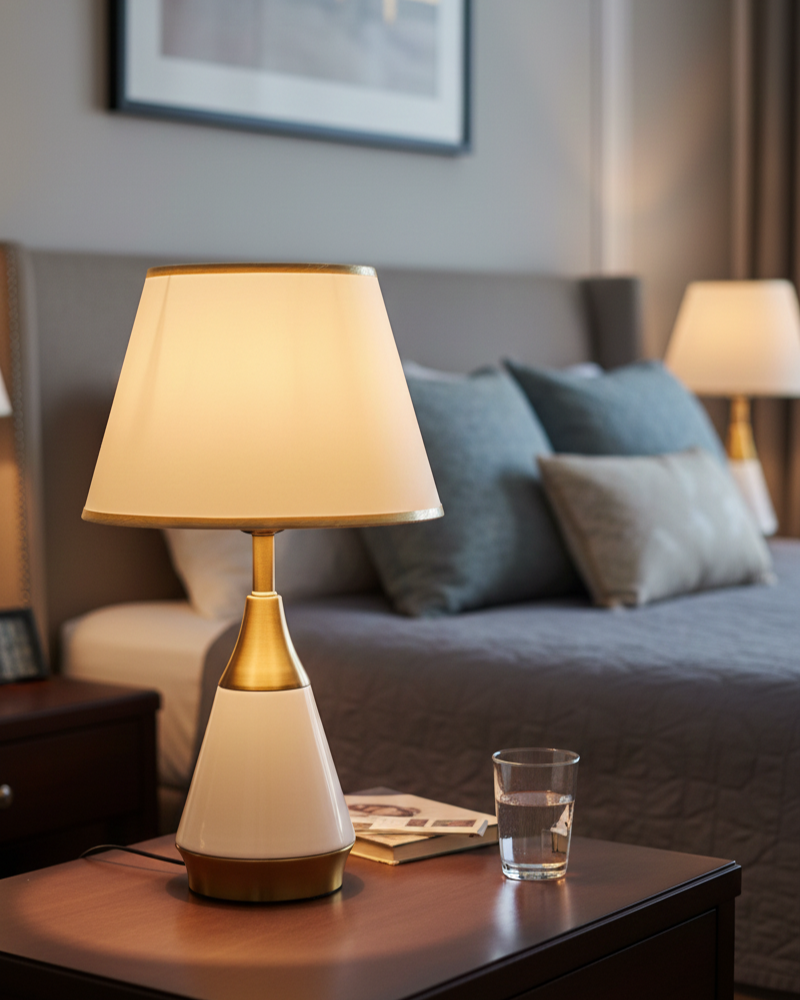 Đèn bàn thân hình chóp chao vải SNT6332 có hình dáng như một chiếc bình gốm cách điệu với sự phối hợp màu sắc thông minh: phần giữa màu trắng....