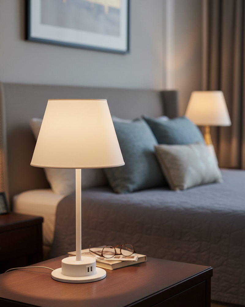 Đèn bàn chao vải trắng hiện đại SNT6337 gồm chụp vải trắng hình loe mềm mại giúp ánh sáng tỏa đều, không gây chói mắt. Thân và đế đèn....