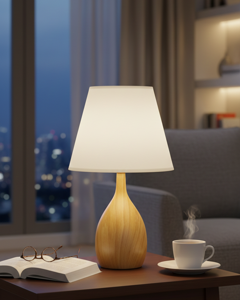 Đèn bàn giọt nắng Amber SNT6338 sở hữu phần thân bằng gốm sứ cao cấp với họa tiết vân gỗ vàng óng ả, tạo hình dáng bầu tròn như một giọt nước đang rơi....