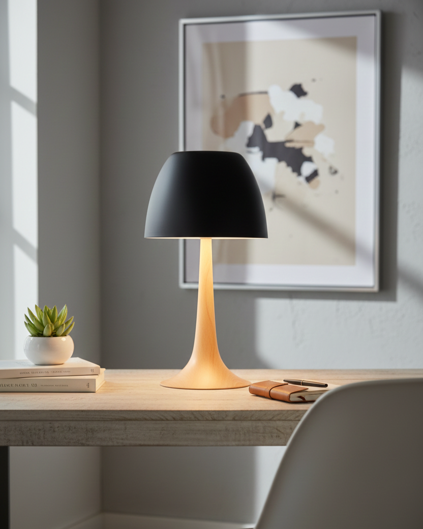 Đèn bàn gỗ Bắc Âu SNT6341 này gây ấn tượng mạnh bởi phần chân đế làm từ gỗ tiện tròn, uốn cong mềm mại như hình một chiếc bình cổ cao...