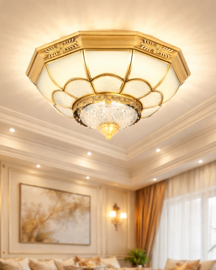 Đèn ốp trần đồng ánh kim pha lê Tân Cổ SNT6344 - phần khung đèn làm từ đồng đúc chắc chắn, kết hợp kính mờ và chi tiết pha lê ở trung tâm.....