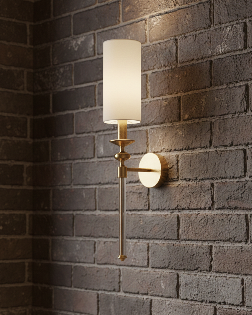 Đèn tường trụ đứng kiêu sa SNT6384 phần thân được chế tác từ hợp kim mạ vàng bóng bẩy, nối liền với một thanh thủy tinh trong suốt kéo dài xuống phía dưới..