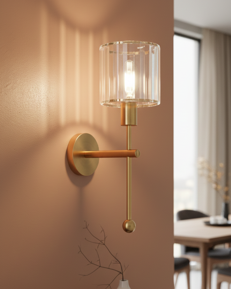 Đèn tường pha lê đuốc vàng tối giản SNT6395 có thiết kế hình học rõ ràng với một trục đứng kim loại mạ vàng. Nâng đỡ bằng pha lê trong suốt...